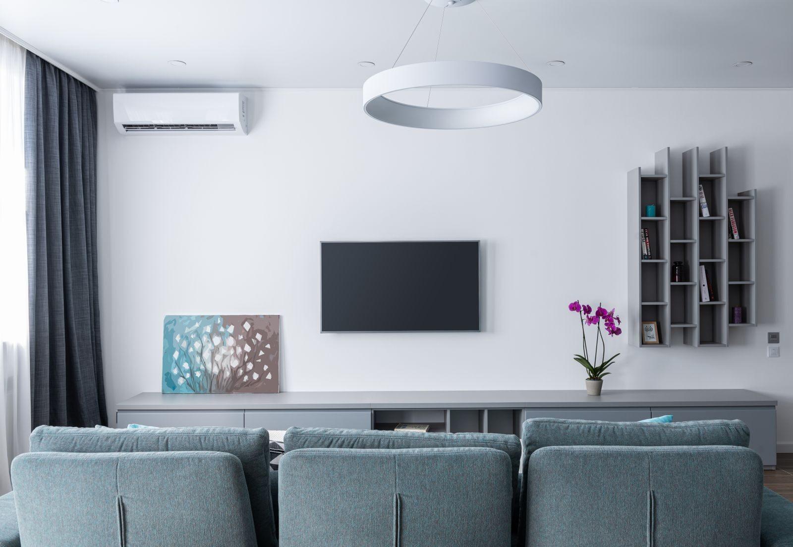 Contemporary living room with soft gray sofa and shelves decorating wall in daytime